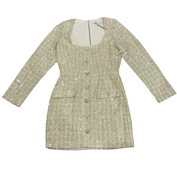 Gianni Bini Lissy Sequin Tweed Long Sleeve Button Front Mini Dress Champagne NEW - Picture 4 of 16